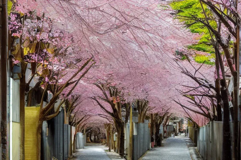 Image similar to beautiful Japanese alleyway with sakura trees by John Berkey, rule of thirds, beautiful, sharp focus