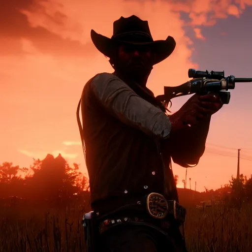 Image similar to zombie, bokeh dof, professional, dreamy, cute, 4 k, sunset, award winning, disgusting, funny, red dead redemption 2