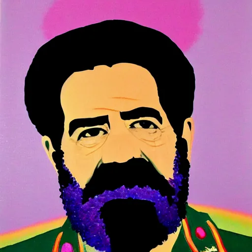 Image similar to rainbow colored portrait of saddam hussein with a pink puffy jacket hat, 8 k, intricate, detailed,