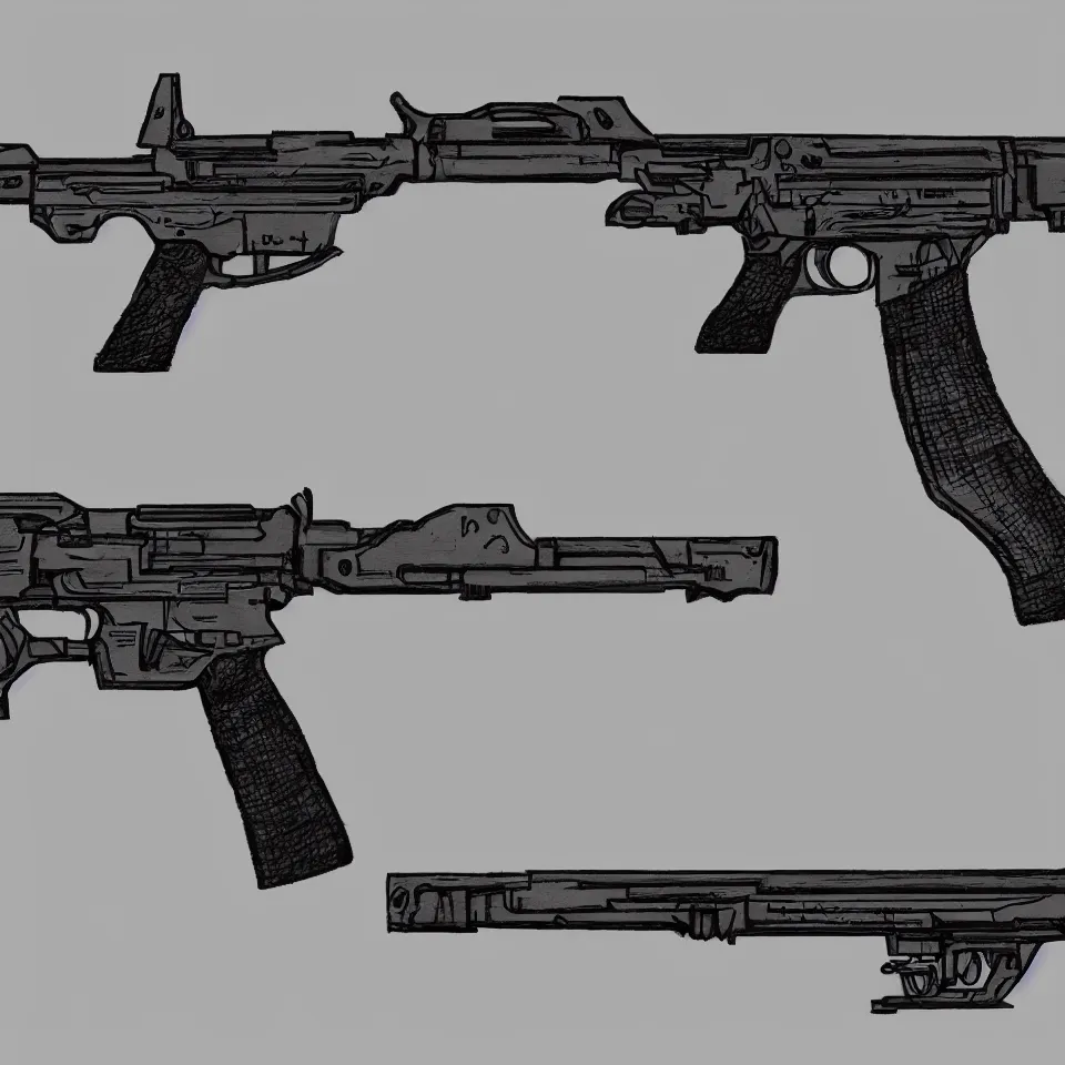 Image similar to concept art minimalist gun rifle weapon design all attachments