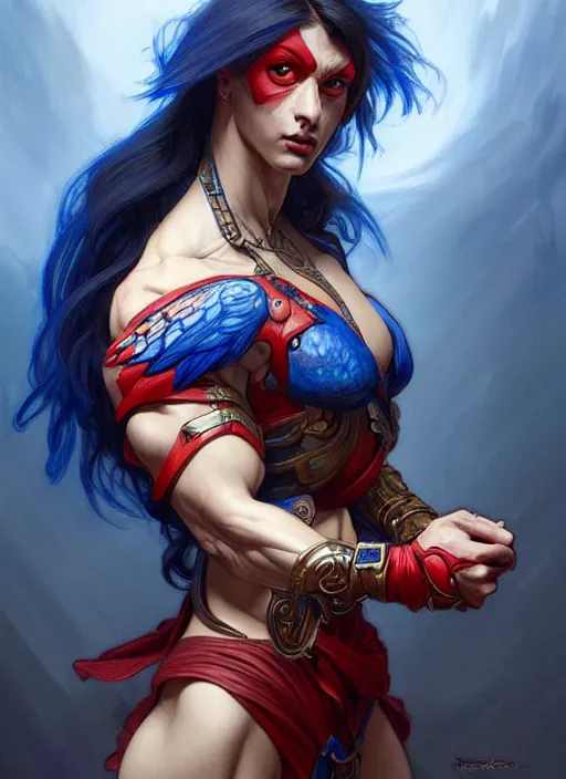 Image similar to portrait of aggressive pigeon humanoid, d & d, muscular! blue and red, fantasy, intricate, elegant, highly detailed, digital painting, artstation, concept art, smooth, sharp focus, illustration, art by artgerm and greg rutkowski and alphonse mucha