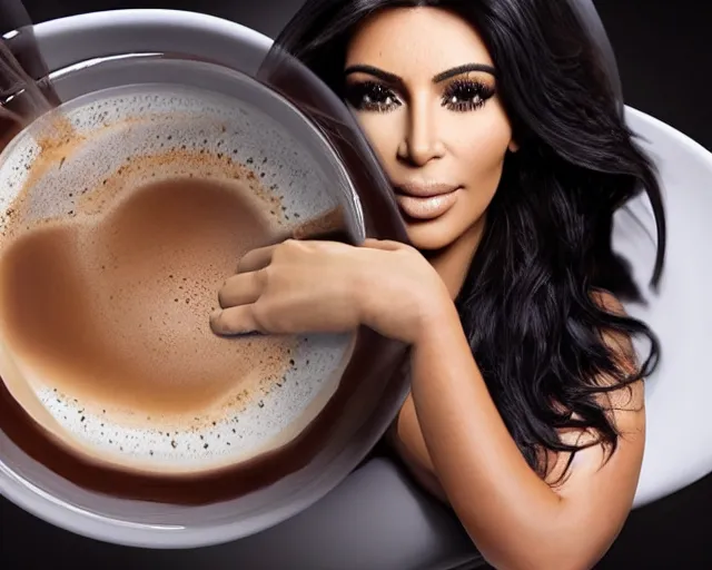 Image similar to Kim Kardashian inside a giant cup of coffee, highly detailed, cinematic, award winning, studio lighting