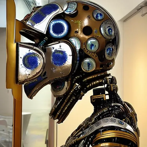 Image similar to futuristic robots with a metallic tribal African mask by michelangelo