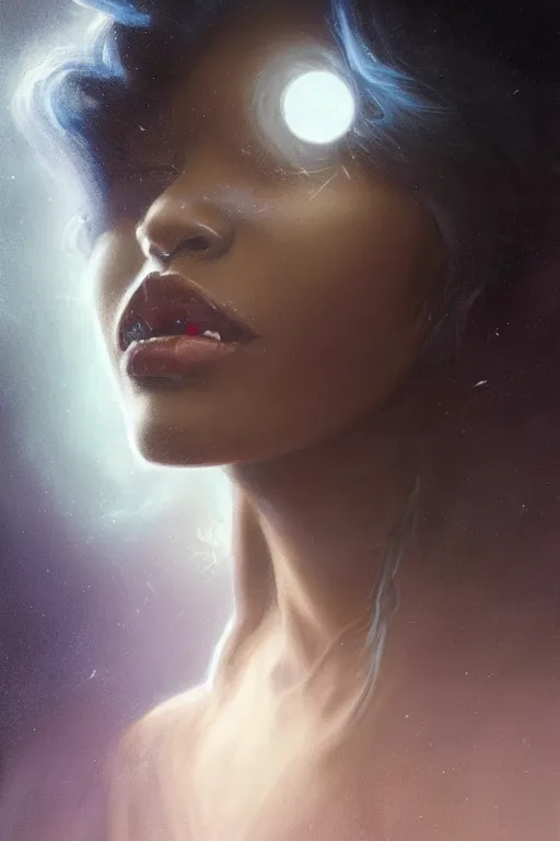 Image similar to dusty wind blowing!!!, orbs of light dark skin drow, dreaming of the void! cinematic volumetric lights, bust portrait, dnd, fantasy, intricate, elegant, highly detailed, digital painting, artstation, concept art, smooth, sharp focus, illustration, art by artgerm and tom bagshaw and greg rutkowski and alphonse mucha