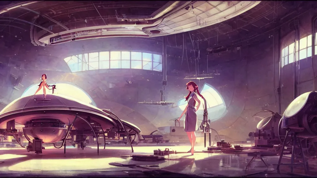 Image similar to a film still of a 1 9 5 0's mechanic anime girl repairing ufo in big hangar inside spaceship, sharp focus, finely detailed features, full body mid shot, perfect art, trending on pixiv fanbox, painted by gaston bussiere, makoto shinkai, akihiko yoshida, gaston bussiere, craig mullins