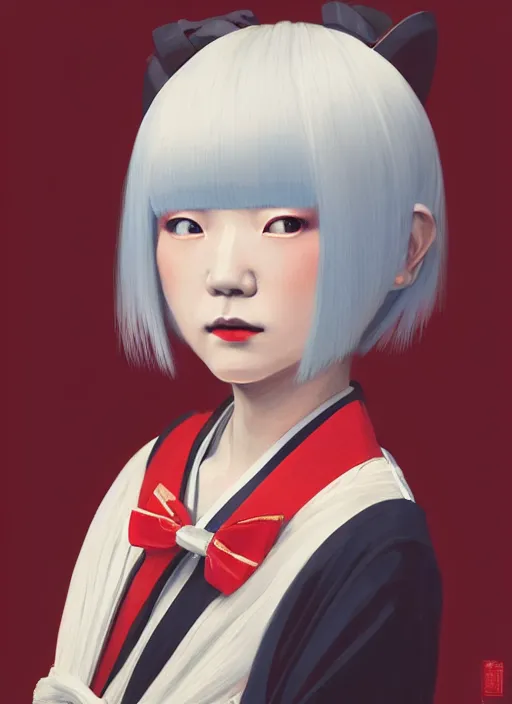 Image similar to centered painted portrait, a japanese princess young lady, with white hair and bangs with a red with a red bow tied in her hair!!!!, D&D, matte painting concept art, beautifully backlit, official fanart, colourful, by and ilya kuvshinov and Cushart Krentz and Gilleard James, 4k, HDR, Trending on artstation, Behance, award winning, WHITE HAIR!!!!!!!!