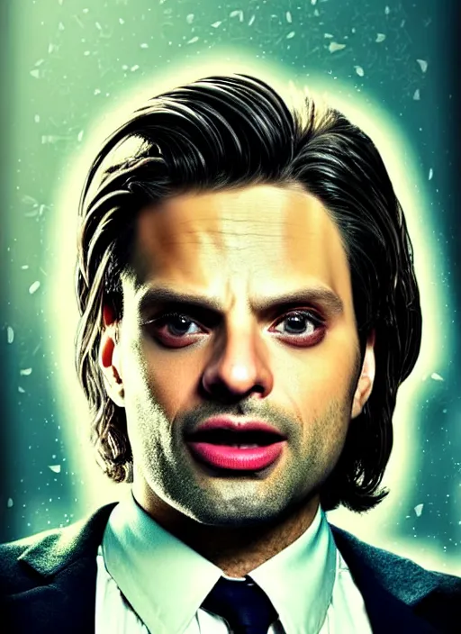 Image similar to highly detailed comedy caper movie poster with flan pudding faced sebastian stan as a sentient flan pudding, sebastian stan face made from flan pudding by greg rutkowski, masterpiece, 1 0 / 1 0