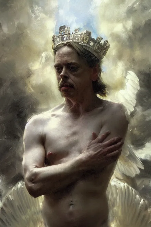 Image similar to beautiful detailed expressive impressionistic oil painting portrait of ancient roman god emperor steve buscemi levitating in angelic pose wearing the civic crown, art by anders zorn, wonderful masterpiece by greg rutkowski, expressive brush strokes, beautiful cinematic light, american romanticism by greg manchess, jessica rossier