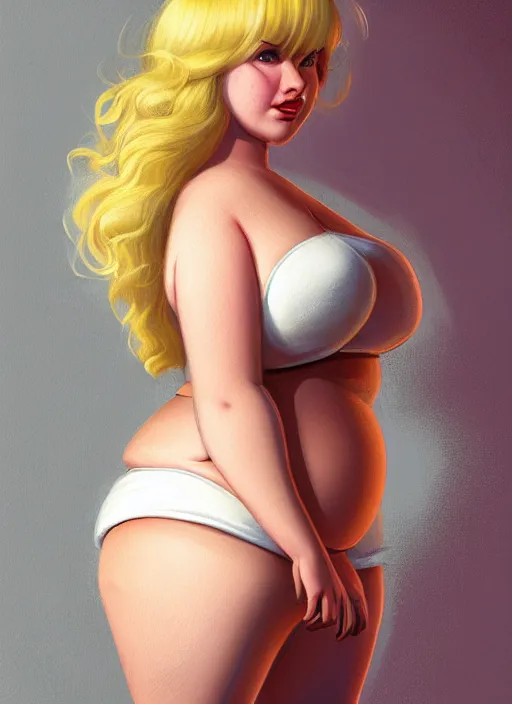 Image similar to full body teenage betty cooper, blonde hair, obese, bangs, ponytail, sultry, realistic, sultry smirk, ponytail, fluffy bangs, curly bangs, fat, belly, beautiful girl, intricate, elegant, highly detailed, digital painting, artstation, concept art, smooth, sharp focus, illustration, art by wlop, mars ravelo and greg rutkowski