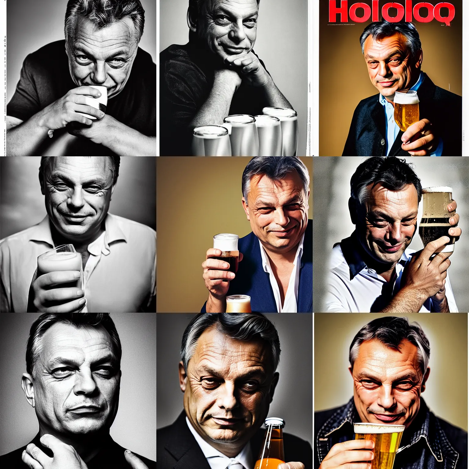 Prompt: headshot magazine cover photo of viktor orban winking with beer by peter lindbergh, studio lighting