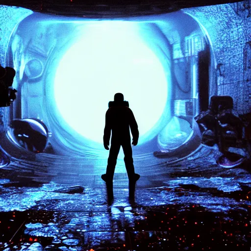 Image similar to ultra realistic, astronaut standing inside of an eerie space cathedral surrounded by cultists, there’s a large obsidian vortex floating above, black and red background, occult, photo realistic, dark atmosphere