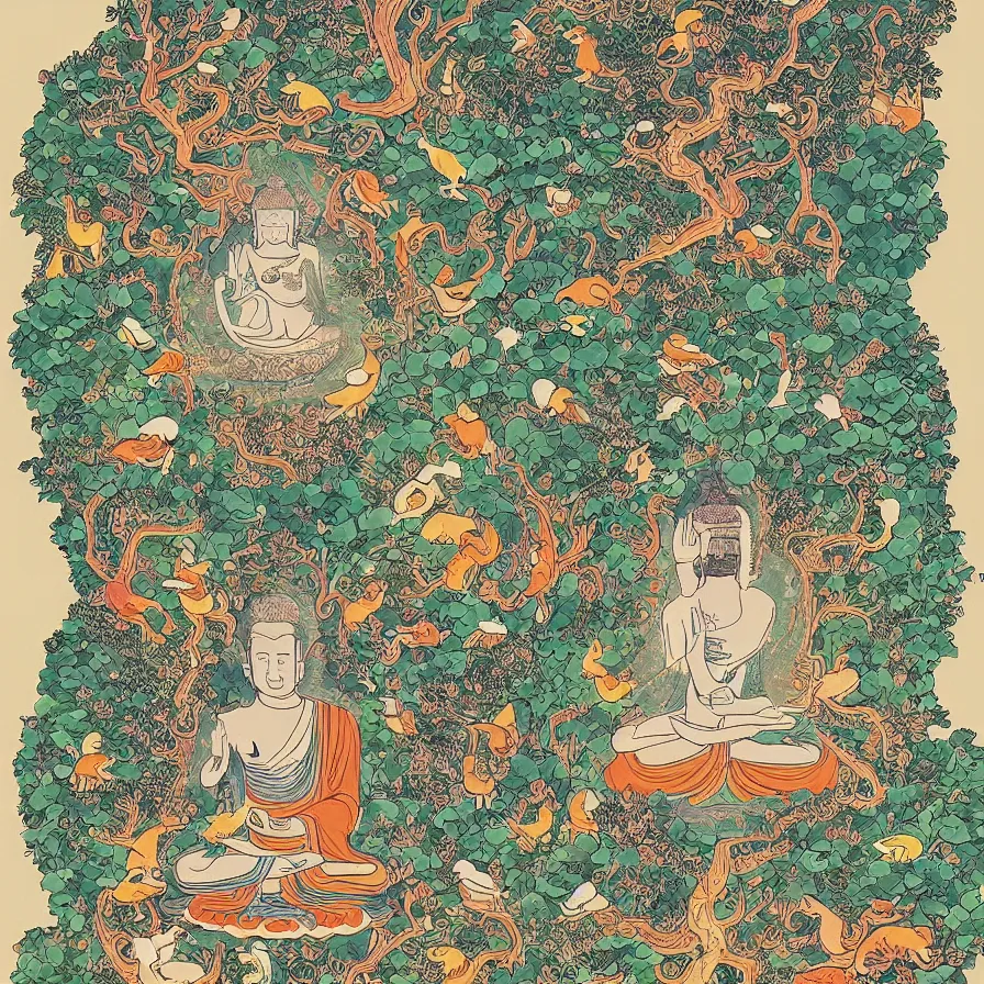 Prompt: Beautiful illustration showing the Buddha calling all living creatures back home, outside the all-encompassing cycles of samsara.