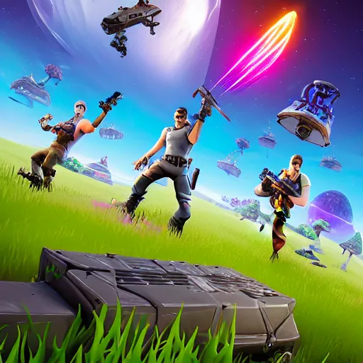 Image similar to playing the videogame fortnite in another dimension in outspace and winning fortnite battle royale victory, futuristic, sci - fi, dreamy, auoracore, y 2 k, time travel, hd, digital art, trending on artstation,