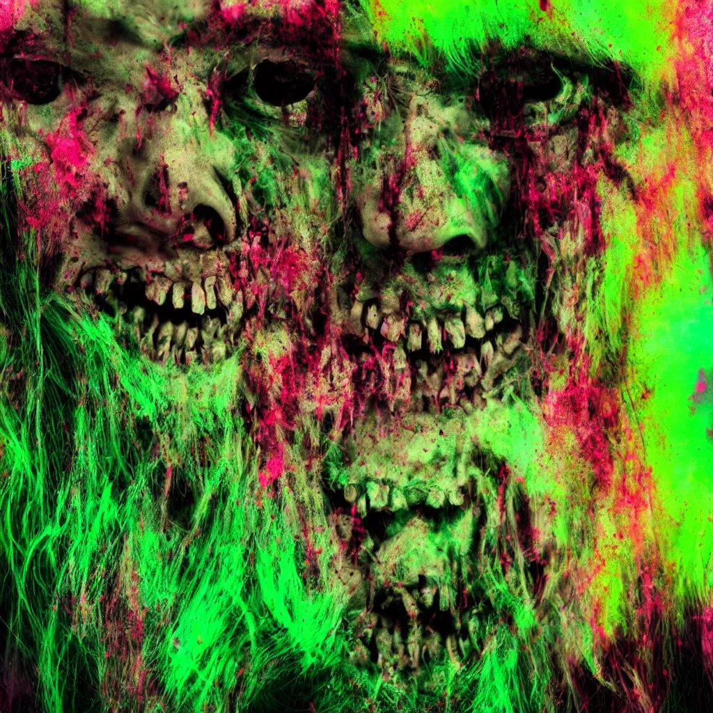 Prompt: wispy ink horror, neochrome colors, realistic render, toxic green pit of liquid, zombie bear, photo pic by matte painting