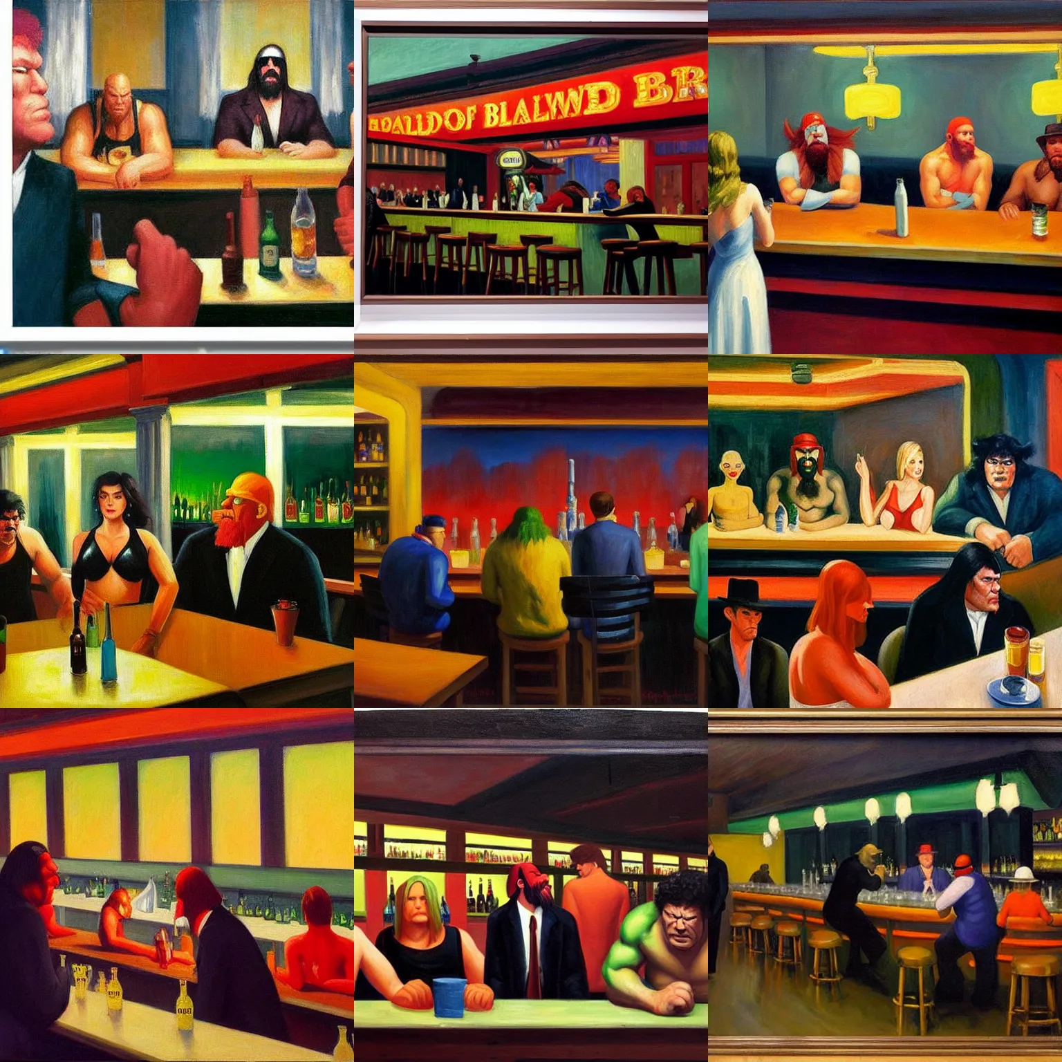 Prompt: An oil painting of Boulevard of Broken Dreams, by Edward Hopper, with Andre the Giant, Hulk Hogan, and Randy Savage sitting at a bar in a diner, distant perspective from far away outside, night time, dark colors