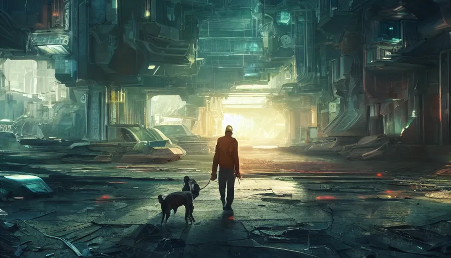 Prompt: man walking his dog in an abandoned futuristic city covered by vegeration, sunset, bright light, hyperdetailed, artstation, cgsociety, 8 k