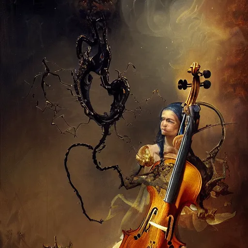 Image similar to bold simple lifelike humanoid baroque oil painting of close view of an ornate gothic violin interior with gold spidery embellishments, night, smoke, ground fog, by peter mohrbacher, by frank frazetta, by alan lee, john howe, da vinci, large depth of field, super detailed, digital art, trending on artstation, ornate