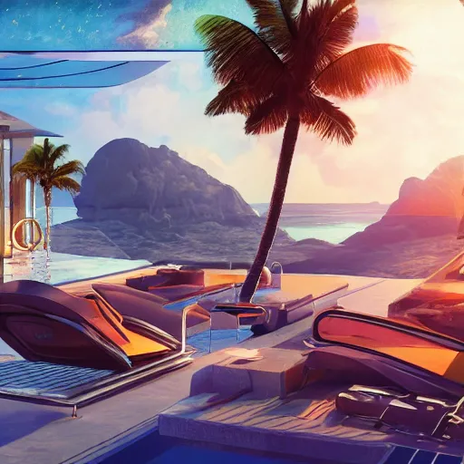 Prompt: luxury vacation ad from the future for interplanetary travel, artstation, cgsociety