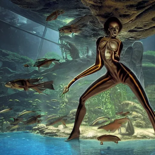 Prompt: octane render by mort kunstler and annie leibovitz and monia merlo, a massive alien aquarium inside a very giant massive huge 1 9 8 0's all - in - one computer, in the middle of a giant alien jungle, 4 d, 4 k, volumetric lighting, ray traced lighting, ultra - detailed