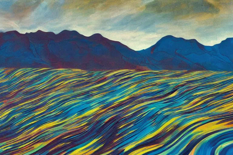 Image similar to A wild, insane, modernist landscape painting. Wild energy patterns rippling in all directions. Curves, organic. Saturated color. Mountains. Clouds. Rushing water. Wayne Thiebaud.