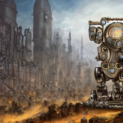 Prompt: The Manekin, a robotic race of clockwork constructs, D&D artwork, highly detailed, background of a ruined city in the style of medieval, HD, 4k,