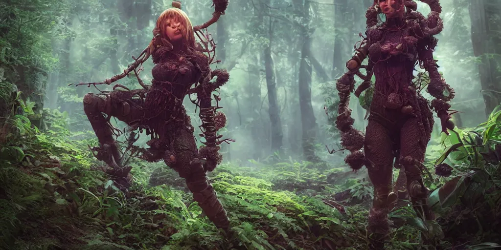 Image similar to knit female earth mage, high quality character design, action pose : : spotlight, magicpunk, biopunk, forestpunk, forest, mushrooms, high detail, 8 k, oled, shadows, reflections, digital art, official art, octane render, dynamic camera angle, unreal engine, dollpunk