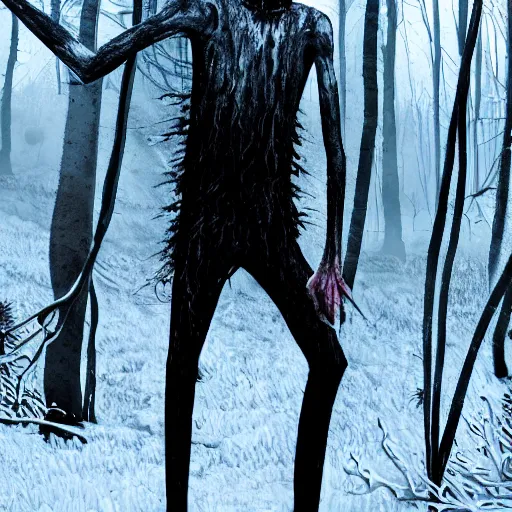 Prompt: blood soaked skinwalker, lanky, skinny, pale skin, snow, forest, dark, horrifying