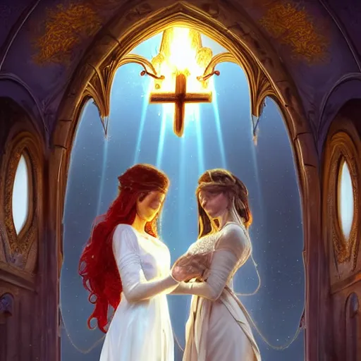 Image similar to an beautiful and detailed matte painting of a lesbian wedding between evil pyromancer and a red mage, unholy union, white church background, god rays, sharp focus, highly detailed, cinematic lighting, studio quality, colorful, smooth render, vector illustration, award winning, by artgerm, greg rutkowski, alphonse mucha