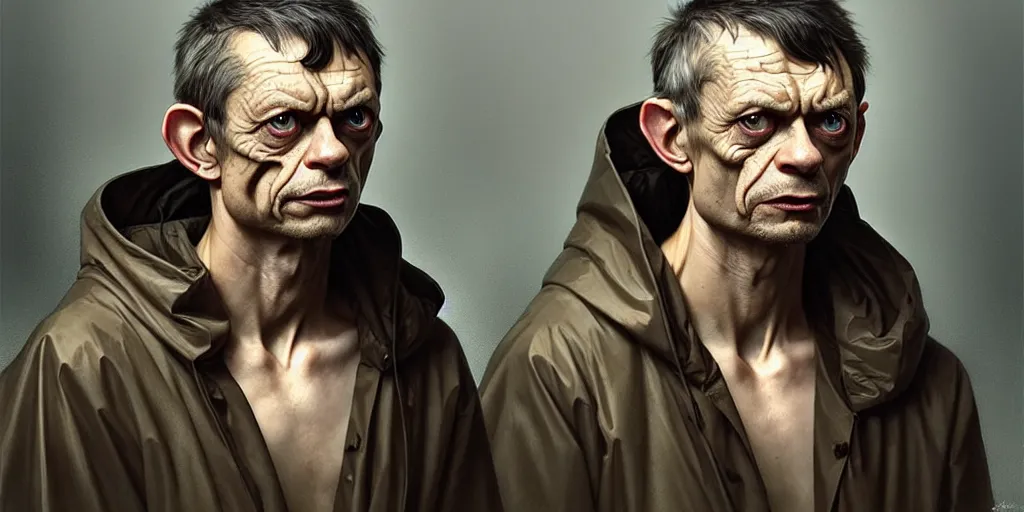 Image similar to ( ( ( ( gollum ) ) ) ) dressed in raincoat, male, clear face, masculine, upper body, highly detailed, digital painting, artstation, concept art, matte, sharp focus, illustration, art by artgerm and greg rutkowski and alphonse mucha