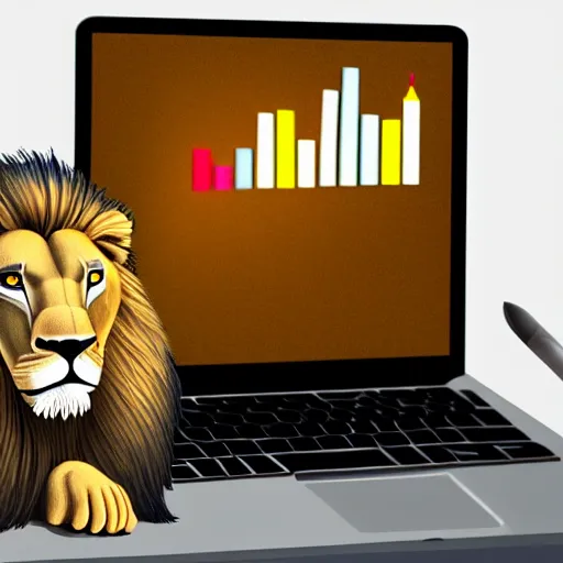 Image similar to Lion using computer, trading stocks, candle stick chart on screen, digital art, realistic, trending on artstation