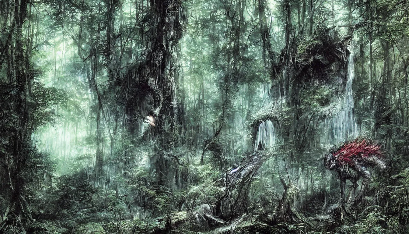 Image similar to a big eye floats above the ground in a dense forest, illustration by john taylor dismukes and dave lafleur, luis royo, chrome art, rich deep colors