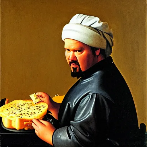 Prompt: a portrait of guy fieri making a greasy macaroni and cheese sandwich, by vermeer, portrait, royal, oil on canvas