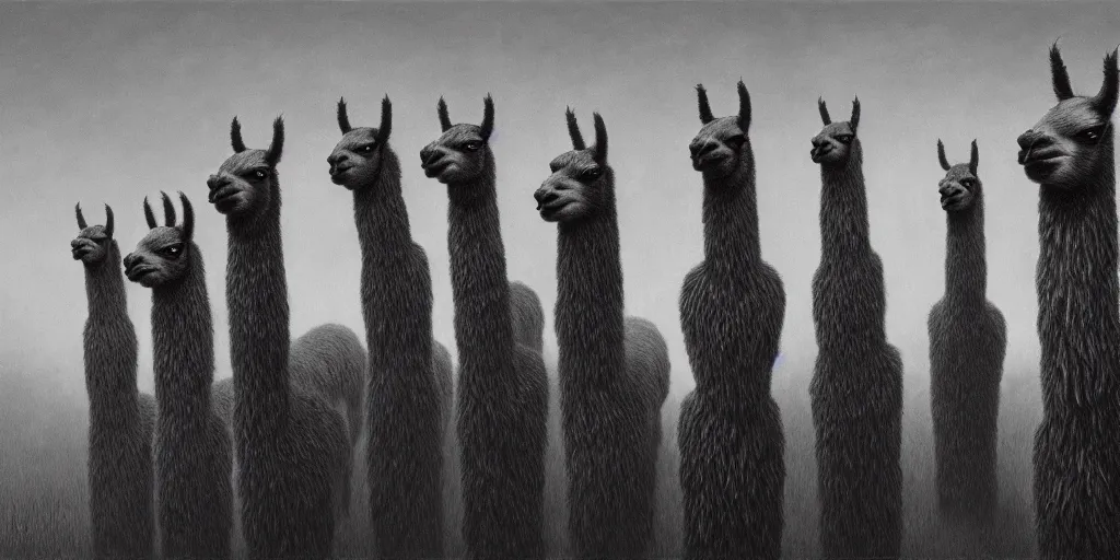 Image similar to a gang of llama banditos, fantasy, intricate, artstation, sharp focus, digital art, zdzisław beksinski, gustave dore, caravaggio, abduzeedo