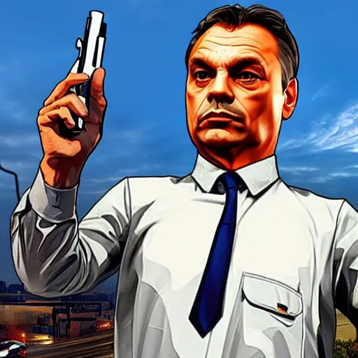 Prompt: Viktor Orbán in GTA V cover art