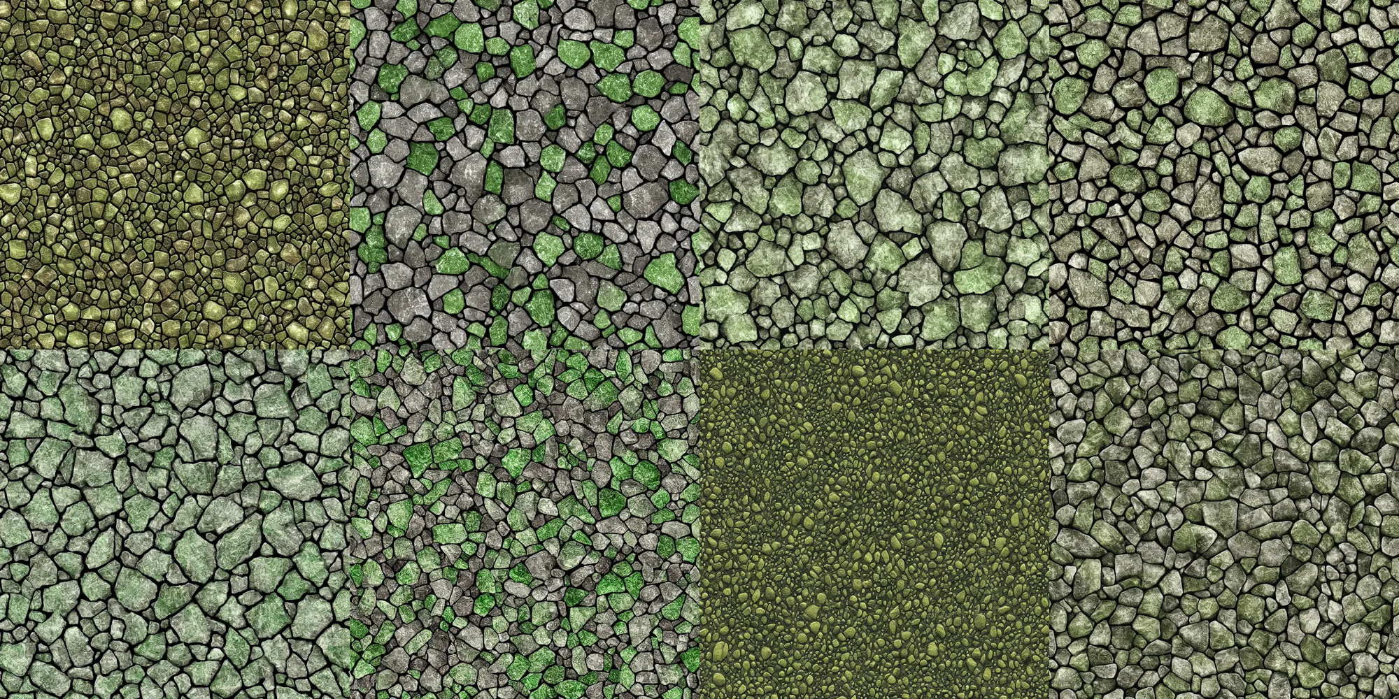 Prompt: long thick geometric green crystals on rocky ground, detailed ground terrain albedo texture, flat, 2 d texture, seamless