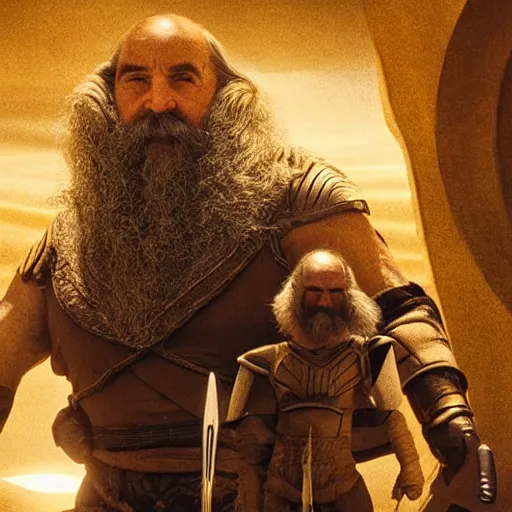 Image similar to the dwarves from the Dune movie by Denis Villeneuve, highly detailed photorealistic cinematic photoshot, high quality light postprocessing