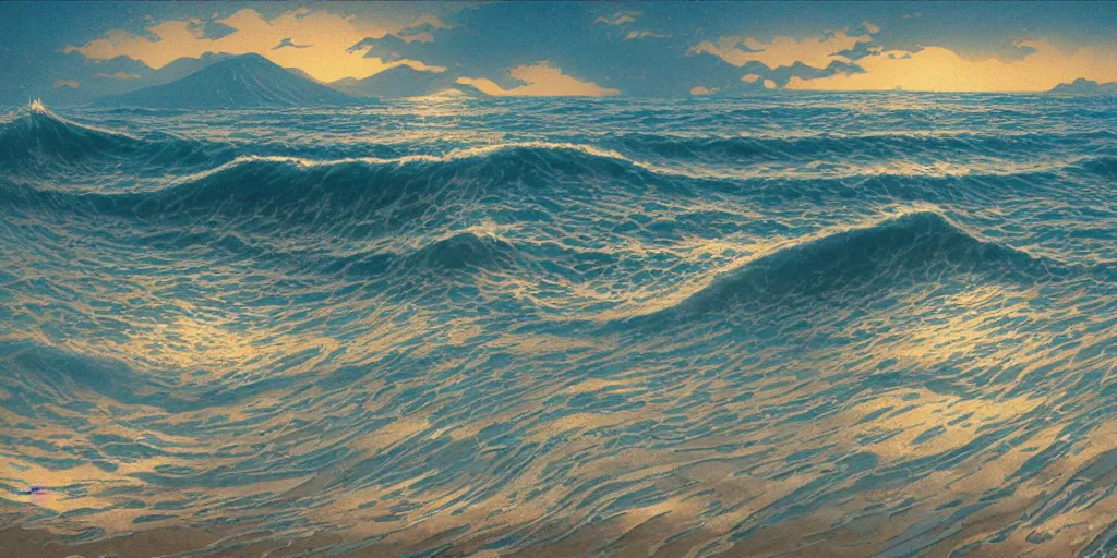 Prompt: An aesthetically pleasing, dynamic, energetic, lively, well-designed digital art of a beach, ripples, waves, sea foam, light and shadow, ocean caustics, overlaid with aizome patterns, by Ohara Koson and Thomas Kinkade, traditional Japanese colors, superior quality, masterpiece