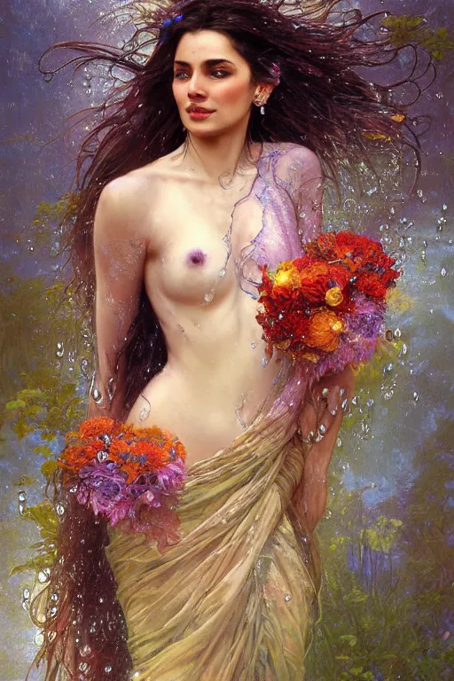 Prompt: portrait of a beautiful woman wearing a sari dress, holding a bouquet of flowing flowers, drenched body, wet dripping hair, emerging from the water, fantasy, regal, fractal crystal, fractal gems, by stanley artgerm lau, greg rutkowski, thomas kindkade, alphonse mucha, loish, norman rockwell