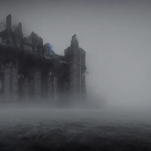 Prompt: huge titan god in the fog destroys an old tower, 4 k, concept art, photo - realism,