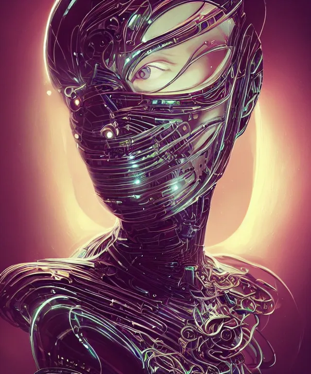 Image similar to a woman turning into an Android portrait wearing a part cybernetic body, surrealism , scifi, intricate, elegant, sharp eyebrows, ornate long flowing blonde hair, highly detailed cybernetic body, neon glowing eyes, digital painting, artstation, concept art, smooth, sharp focus, illustration, art by Artgerm and moebius and Peter Mohrbacher