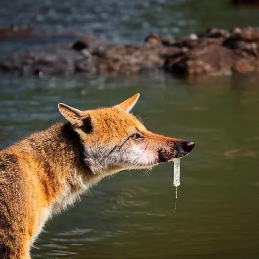 Image similar to close up photo of a rare thylacine, drinking water from a lake in tasmania, bokeh, 1 0 0 mm lens, 4 k award winning nature photography. masterpiece