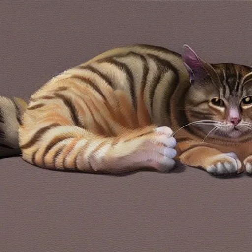 Prompt: A fat tabby cat laying on his back longways, back feet in foreground, head blurred in background, digital art