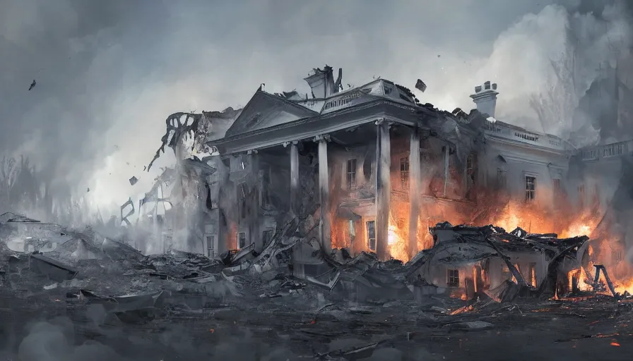 Image similar to white house destroyed by explosion, fire, ashes, smoke columns, debris, collapsing, emergency, hyperdetailed, artstation, cgsociety, 8 k