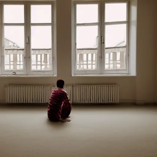 Image similar to person in pyjamas standing near window, turned back to camera, cinematography, sun rays, daylight, big french door window, windowsill, big spatious room, carpet at the floor, wide shot, furnished room, anamorphic shot lens, window at the center, wooden floor, modern, winter sun, photorealistic, high ceiling