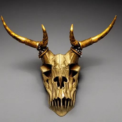 Image similar to horned bull skull : : artifact, made of gold and jewels : :