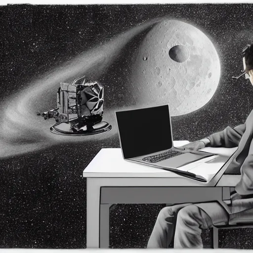 Image similar to 3 d, ultra realism, pencil art, extra detail, back of a man sitting on his chair with a desk and his futuristic laptop, on the moon, with the universe in the background