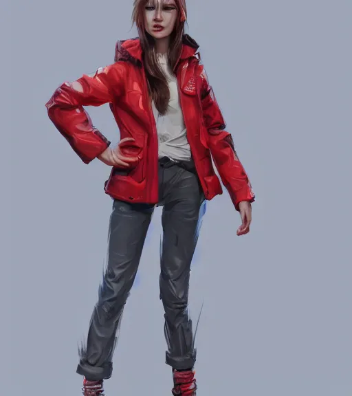 Image similar to a girl wearing a red jacket, highly detailed, digital painting, artstation, concept art, smooth, sharp focus, illustration