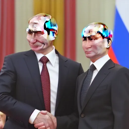 Image similar to putin teams up with a teenage putin, perfect faces