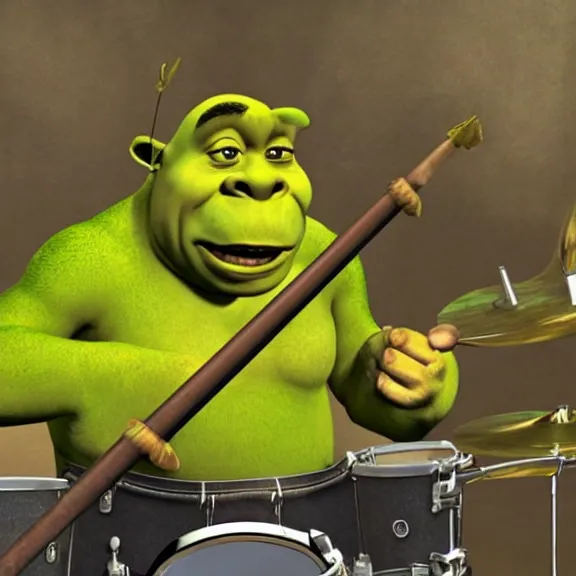 Image similar to shrek playing on drums in style of gorillaz by jamie hewlwtt