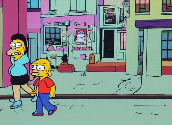 Image similar to a person walking down a road with a child, an album cover by matt groening, trending on tumblr, naive art, criterion collection, vaporwave, seapunk